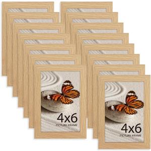 Memory Island 4x6 Photo Frames for Wall and Tabletop Display, 4 by 6 Natural Wood Grain Picture Frames with HD Plexiglass, Set of 15 4x6", Natural Wood Grain
