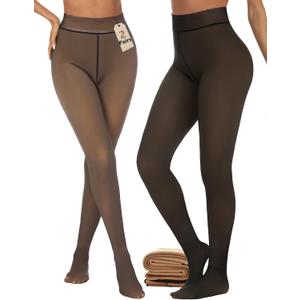 Buauty 2 Pairs Women Fleece Lined Tights Fake Translucent Thermal Leggings High Waist Thick Warm Pantyhose for Winter (X-Large, Black+brown)