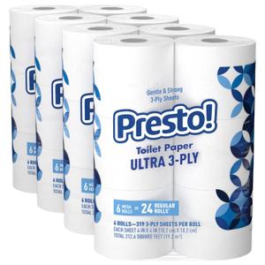 Amazon Brand - Presto! FSC Certified 319 Sheet Roll Toilet Paper, Ultra 3-Ply, Unscented, 6 Rolls (Pack of 4), 24 Mega Rolls = 96 Regular Rolls, 7656 Count