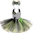 IBTOM CASTLE Kids Girl Halloween Costume Short Sleeve Ruffle Tulle Tutu Dress Fairy Fancy Dress up Festival Suit (11-12 Years, Black&striped)