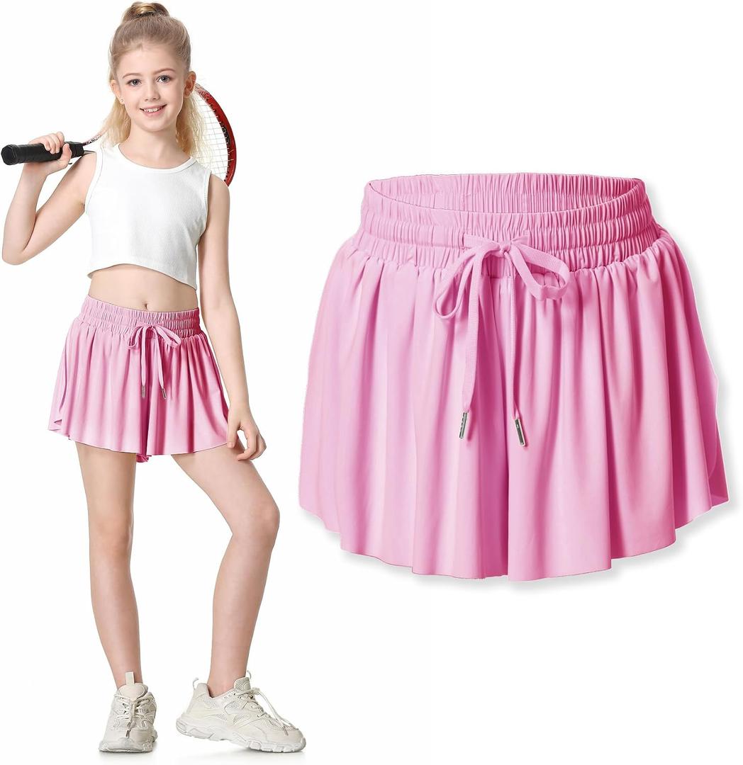 Two Inches Extended Butterfly Shorts Girls Flowy Shorts, 2-in-1 Youth Girls Athletic for Fitness, Running, Sports (Pink, XL)