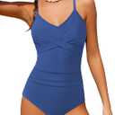 Dearnow Girls Swimsuits Size 14-16 One Piece Control Front Cross Ruched Tie Back Blue Solid Color Adjustable Straps Bathing Suit Swimwear with Drawstring Cover Up