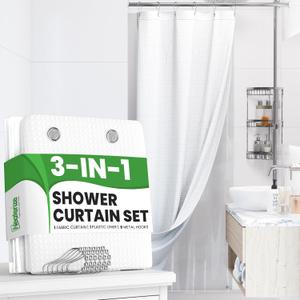 NEATERIZE 3 in 1 Shower Curtain Set - 36x72 White Shower Curtain Fabric and Shower Curtain Liner with Rust-Resistant Metal Hooks - Bathroom Shower Curtain Sets - Cortinas de Bao