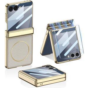 Magnetic Leather Case for Samsung Galaxy Z Flip 7 with Magnetic Hinge Protection & Built-in Screen Protector, [Support Wireless Charging ] Luxury Plating Shockproof Cover for Galaxy Z Flip 7 (Beige)