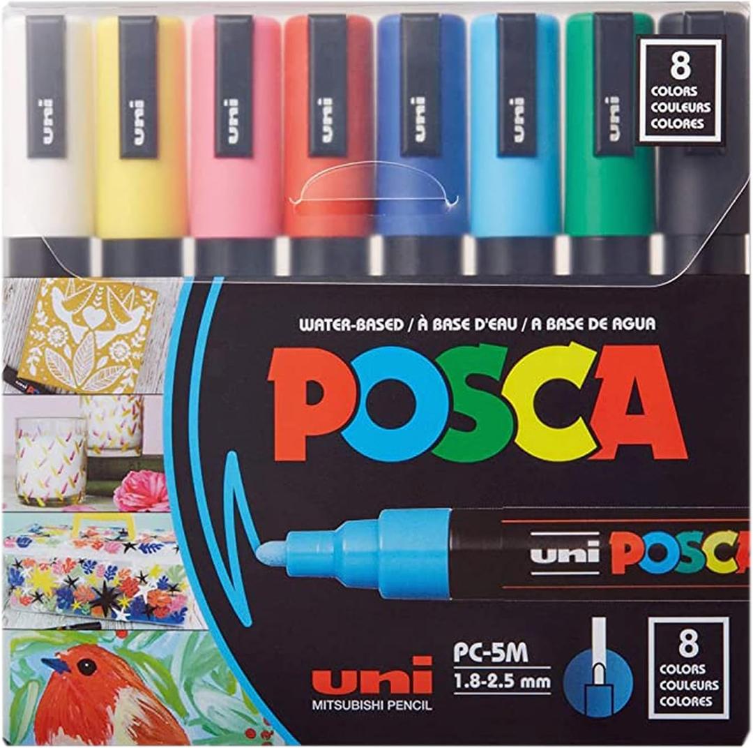 Posca Paint Markers, 5M Medium Acrylic Markers with Reversible Tips, Artist Recommended For Gifts, Fabric, Metal, Glass, Wood and Canvas, Assorted Colors, Set of 8