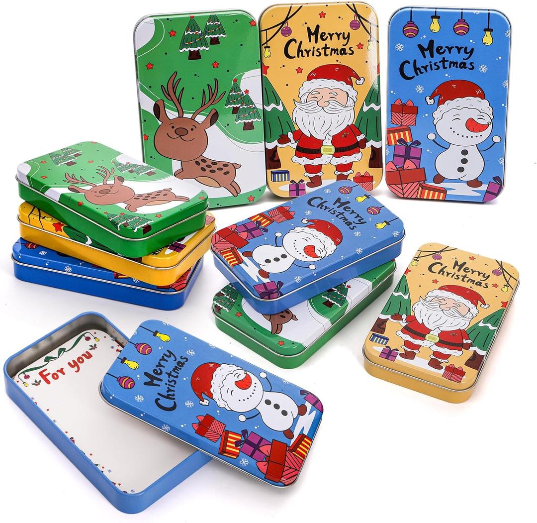 Yopay 12 Pack Christmas Gift Card Tin Boxes with Lid, Metal Chrismas Tin Small Gifts Holder Boxes for Greeting Cards Stocking Stuffers Party Favors, Christmas Holiday