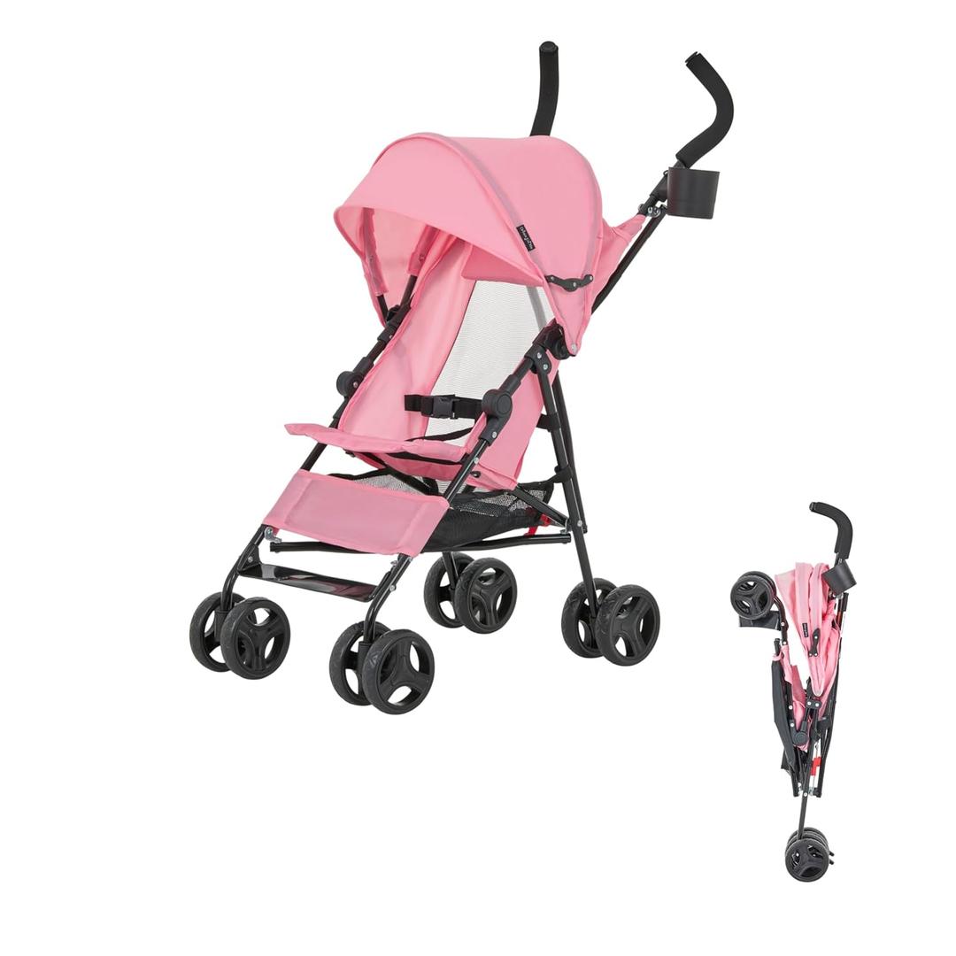 Rover Convenience Baby Stroller – Lightweight & Compact Travel Umbrella Stroller, Quick One-Hand Fold, Lockable Rear Wheels, Adjustable Canopy, 3-Point Safety Harness & Cup Holder - Pink
