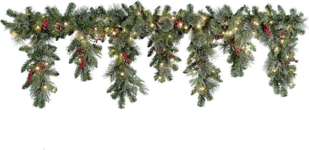 Haute Decor 6 Foot Christmas Pre-lit Holiday Swag for Fireplace Mantels with 100 Energy-Efficient Soft White LED Lights, Faux Berries, Real Pinecones and Built-in Timer (Cascading Mantle)