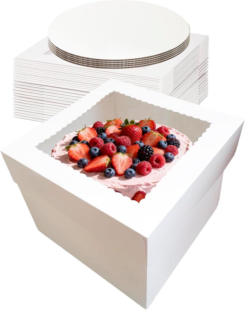 5 Pack Cake Boxes,10x10x8 Inch Tall Cake Box with Cake Boards 10",Disposable Cake Containers with Lids,White Bakery Boxes with Large Window,for Layer Cakes,Pies,Donuts,Cookies,Wedding,Birthday,Party