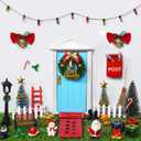 39pcs Blue Christmas Elf Fairy Door Decorations Sets Miniature Figures Wooden Doors Santa Claus Snowman Kit for Xmas Mini Dollhouse Accessories House Room Wall Decor