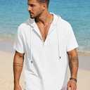 Men's Cotton Linen Shirts Short Sleeve Casual Button Down Hoodies Summer Hawaiian Beach Top with Drawstring (White, XL)