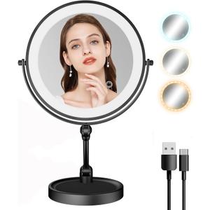 Lighted Makeup Mirror [Brightness Enhanced Version], Real 3000mah Rechargeable Double Sided 10x Magnifying Mirror with 3 Colors Tabletop Standing Vanity Mirror with Adjustable Height,Black