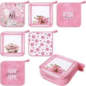 Bencailor 12 Pcs Pot Holders with Pocket Kitchen Hot Potholders Hot Pad Oven Mitts Cookie Bag Oven Gloves for Kitchen Gift Baking Cooking(Pink,Pink Rose)