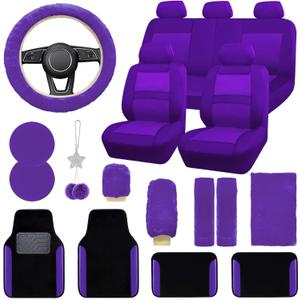 JINGSENCar Seat Cover Full Set for Women with Waterproof Floor Mats,3D Air Mesh Car Seat Cover with 5mm Composite Sponge Inside,Universal Fluffy Steering Wheel Cover,Accessories Full(Purple)