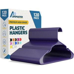 Lifemaster Plastic Clothes Hangers Heavy Duty Hanger Set, for Organizing Clothes, Dresses, and Coat, Holds Up to 5 lbs, Space-Saving Hangers with Non-Slip Shoulder Grooves, Pack of 120, Purple