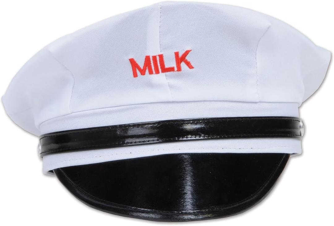 Beistle Milkman Hat One Size Fits Most, Halloween Costume Dress Up, Milkman Costume, Milk Costume, Vintage Milk Carrier, Milkman Costume Accessories, Novelty Hats | Red Embroidered Milk for Retro Costumes, Uniform-Themed Parties, and Theater Events, Adult One Size- 24 Head Circumference