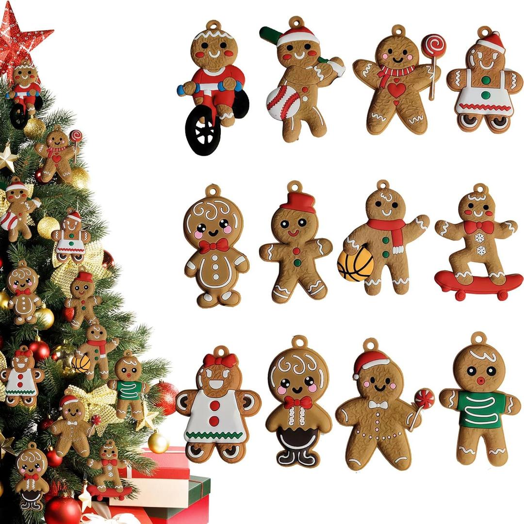 12Pcs Gingerbread Man Christmas Decorations 3 Inch Xmas Tree Ornament Set with Lanyard Acrylic Christmas Hanging Ornaments for Home Party Decor (B)