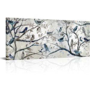 PoGoXiPoYo 1 Panel Abstract Birds Canvas Prints Wall Art Hummingbird Tree Branch Blue and Grey Oil Painting Wall Decor Modern Artwork for Kitchen Living Room Bedroom Framed 20x48 inch
