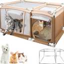 47.2"x30.1"x23.6" Sturdy Stainless Steel Frame Cat Playpen, 2-in-1 Large Cat Tent with Play & Litter Areas for Indoor Cats, Breathable Mesh Kitten Playpen with Removable Bottom Pad for Easy Cleaning, Khaki