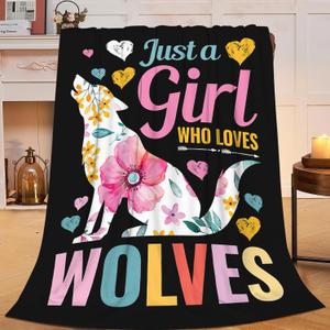 SweetFox Just A Girl Who Love Wolves Blanket Cute Wolf Decor Animal Throw Blanket Gifts for Girls Boys Super Warm Soft Plush Fleece Flannel Winter Couch Bedding for Baby Kids Adults Women 50"X40"