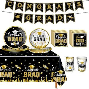 2025 Graduation Party Decorations, Black and Gold Decorations Party Supplies with Paper Plates, Napkins, Tablecloth, Cups, Banner for Grad Favors Supplies, Grad Tableware Kit Serves 24