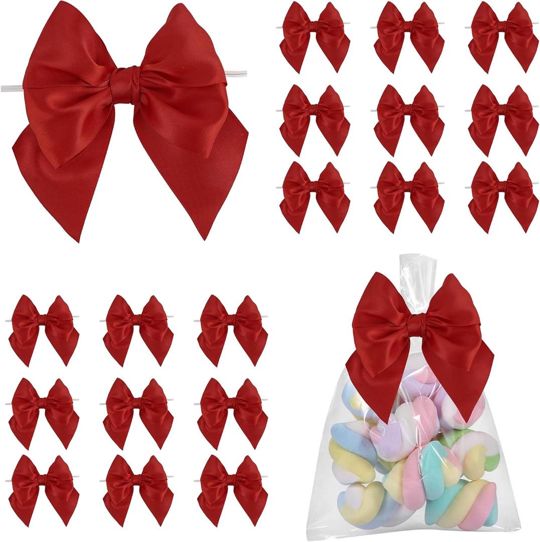 LiBongTa 4 Inch Red Gift Bow Satin Ribbon Bows for Crafts, Pre-Tied Bows, Twist Tie Bow for Treat Bags, Premade Decorative Bow, Wrapping Bows for Presents, Wedding, Baby Shower-24 Counts