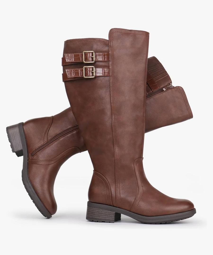 Women's Extra Wide Calf Block Heel Stacked Buckle Hidden Stretch Knee High Boots.6