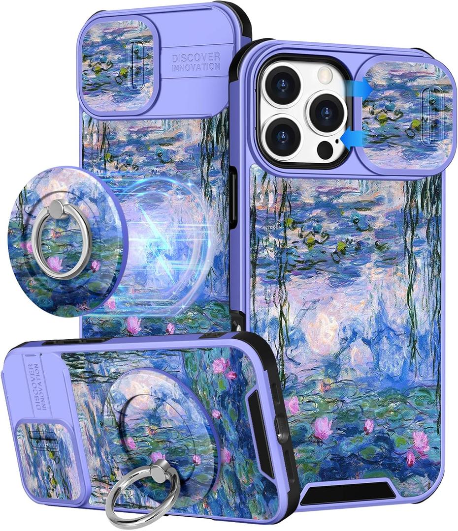 Buleens for iPhone 16 Pro Case 6.3 Inch - with Ring Stand & Camera Cover Aesthetic Cute Designed Women Girls Girly Pretty Kawaii Blue Water Lily Phone Case for iPhone 16 Pro Compatible with Magsafe