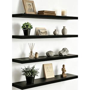 YYWUOJJ Wood Floating Shelves for Wall Decor, Rustic Wall Shelves for Bedroom Bathroom Kitchen Living Room, Set of 4 Black 24 Inch
