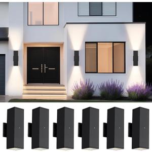 Dusk to Dawn Outdoor Lighting, LED Square Up and Down Outdoor Sconce Lights, Matte Black Exterior Lighting Fixtures with 7W LED Bulbs, Front Porch Lights for house, Garage, Patio, Doorway, 6 Pack