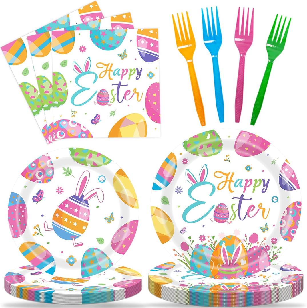 2 x 96 Pcs Happy Easter Plates and Napkins Forks Sets - Colorful Eggs Themed Round Tableware, Disposable Spring Flowers Paper Plates Napkins Set for Easter Party Supplies Favors Table Decor, Serves 24