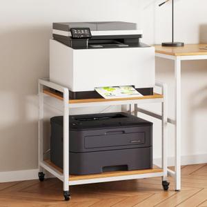 Large Under Desk Printer Stand, 2-Tier Printer Cart with Heavy-Duty Metal Wheels and Adjustable Shelf, 20 Inches Deep, Maple