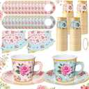 Umigy 60 Set Tea Party Decorations 6.5oz Floral Paper Tea Cups with Handle and Saucers Paper Napkins with Tape, Blossom Disposable Cups and Saucers Sets for Wedding Birthday Baby Shower(Elegant)