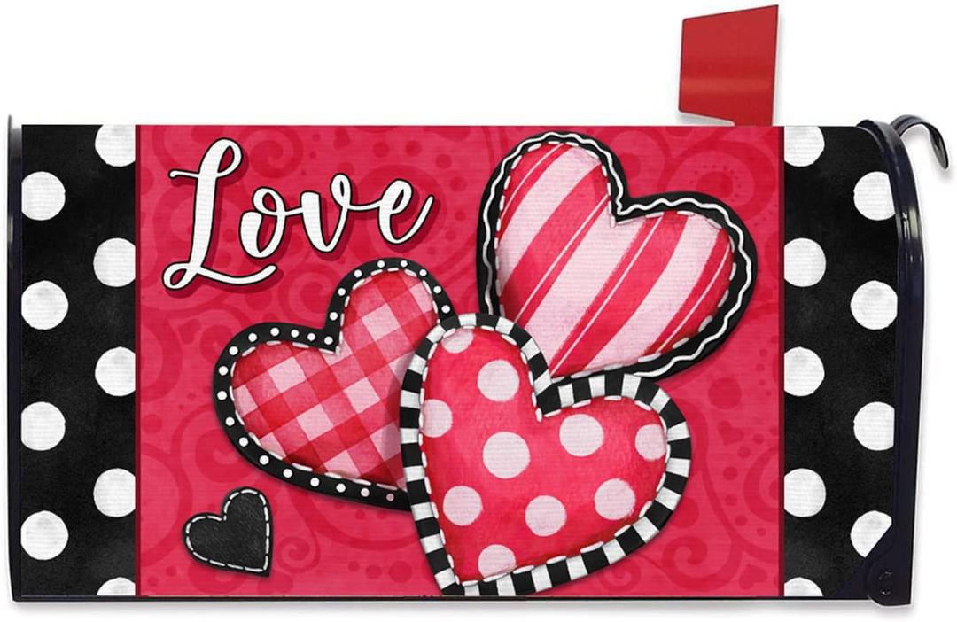 2 x Valentines Love Hearts Welcome Mailbox Cover Magnetic Standard Size 20.5" x 18", Red Polka Dots Buffalo Plaid Stripe Decorative Post Letter Box Wrap Decor Garden Yard Outdoor Decoration