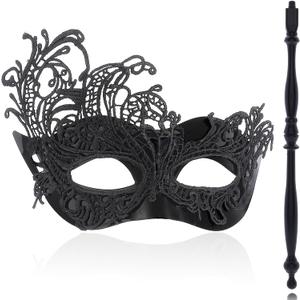 Black Masquerade Mask with Stick, Lace Handheld Antifaz, Cosplay Fashion Shows Accessories for Women (Phoenix)