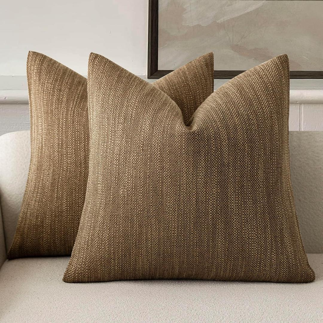 Foindtower Set of 2 Decorative Textured Burlap Linen Throw Pillow Covers Farmhouse Boho Cushion Cover Solid Accent Pillowcase for Couch Sofa Bed Living Room Home Decor, 24×24 Inch,Cocoa Brown