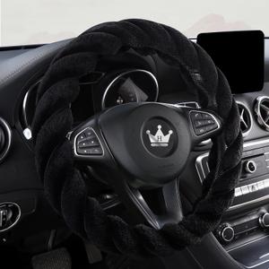 Luxury Fluffy Winter Car Steering Wheel Cover for Women Soft Warm Cute Auto Handle Cover for Jeep, Truck, Van, F150, Fuzzy, Anti Slip, Black, Large Size, 15.2-16in