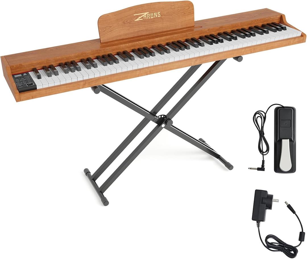 88 Key Weighted Keyboard Piano with Sustain Pedal, Power Adapter & Sheet Music Stand - Home Digital Piano, Brown (Keyboard Only), 51 inches x 10.6 inches x 3.5 inches