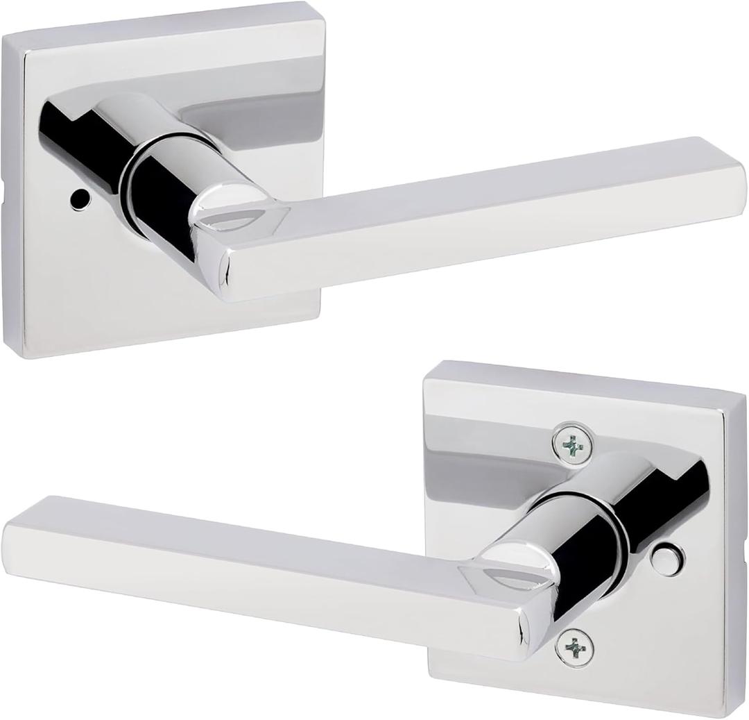 Kwikset Halifax Interior Privacy Door Handle with Lock, Door Lever For Bathroom and Bedroom, Polished Chrome Reversible Keyless Push Button Lock Door Lever (Square)