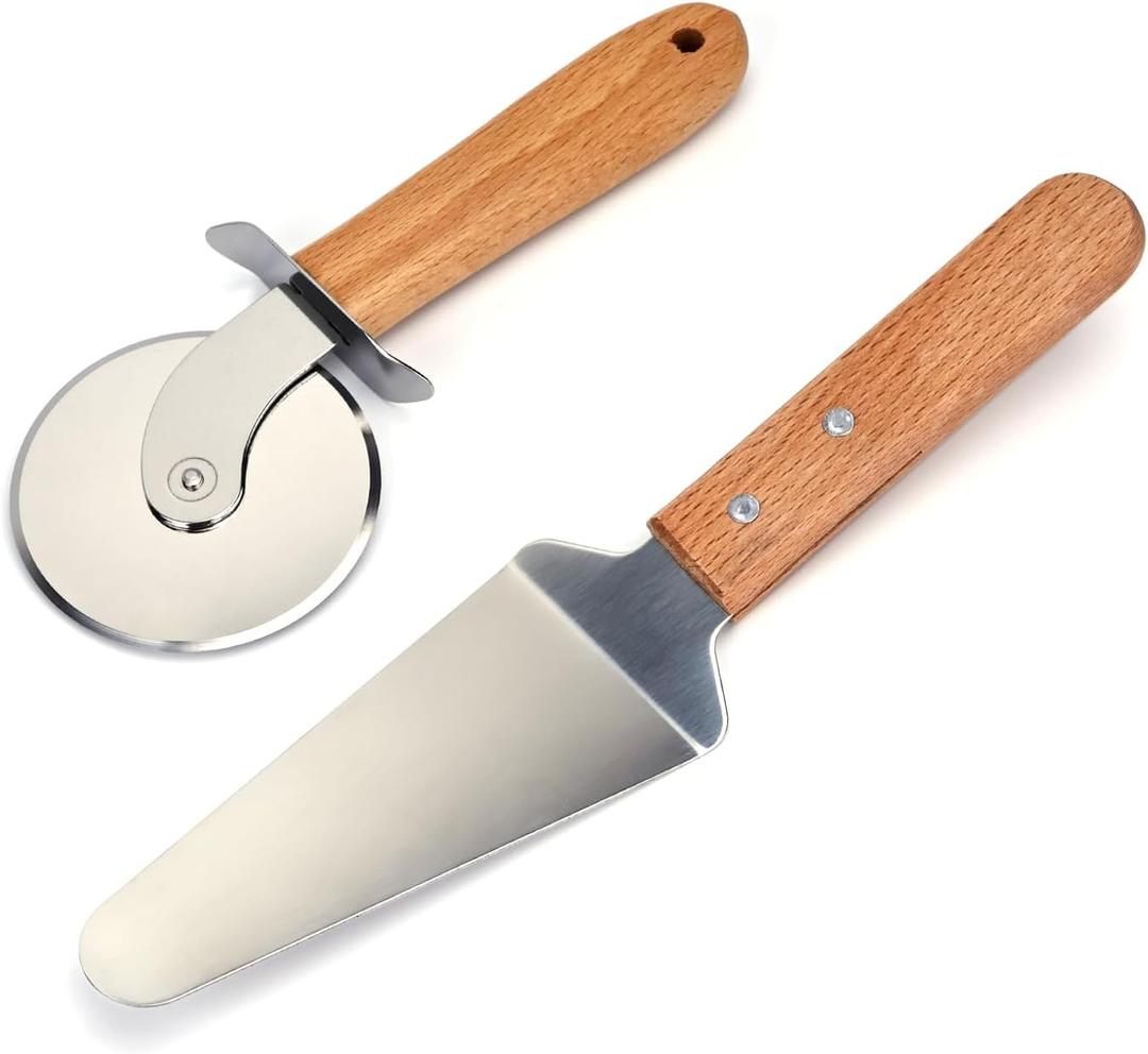 Pizza Wheel Cutter and Pie Server, Pizza Spatula Wtih Wood Handle, Nonstick Stainless Steel Pizza Cutter Wheel With Sharp Blade