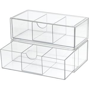 Set of 2 Stackable Storage Drawers - 7.8" Clear Plastic Drawer Storage, Acrylic Makeup Organizer, Desk Counter Cabinet Office Organizer, Bathroom Organizers and Storage (3 Grid/Set of 2)