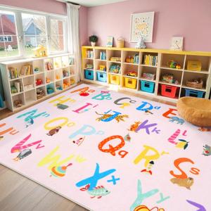 LIVEBOX 7'5" x 13' Pink ABC Kids Classroom Carpet, Large Washable Alphabet Educational Learning Area Rugs for Classroom Elementary, Non-Slip Pastel Preschool Kids Teacher Rug for Kindergarten Daycare