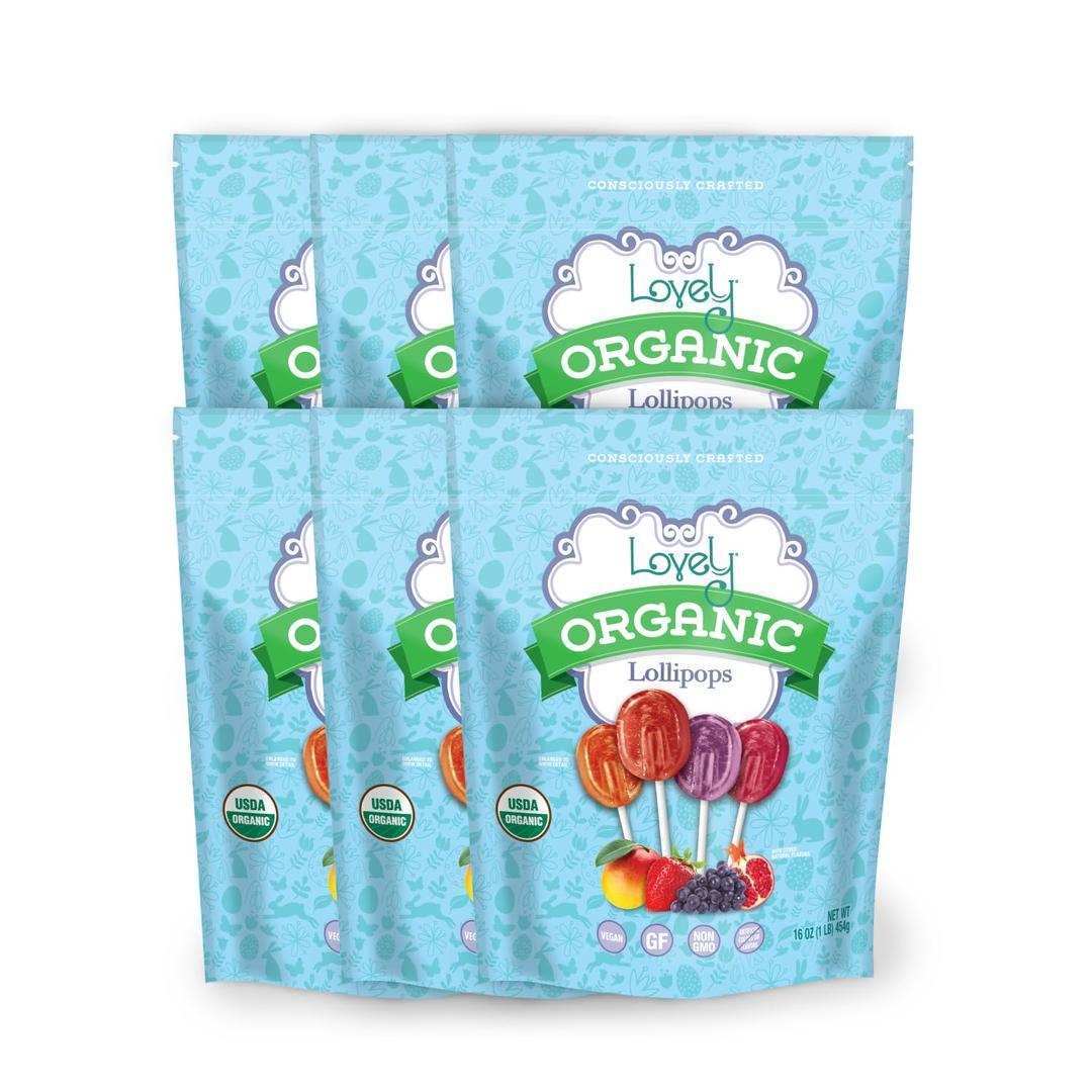 Lovely Candy Co. Organic Lollipops, 16oz Bag (6-Pack) | Vegan, Gluten-Free, Non-GMO, NO Artificial Colors or Flavors | Mango, Strawberry, Grape & Pomegranate Flavored Candy, Best By Feb 28, 2026