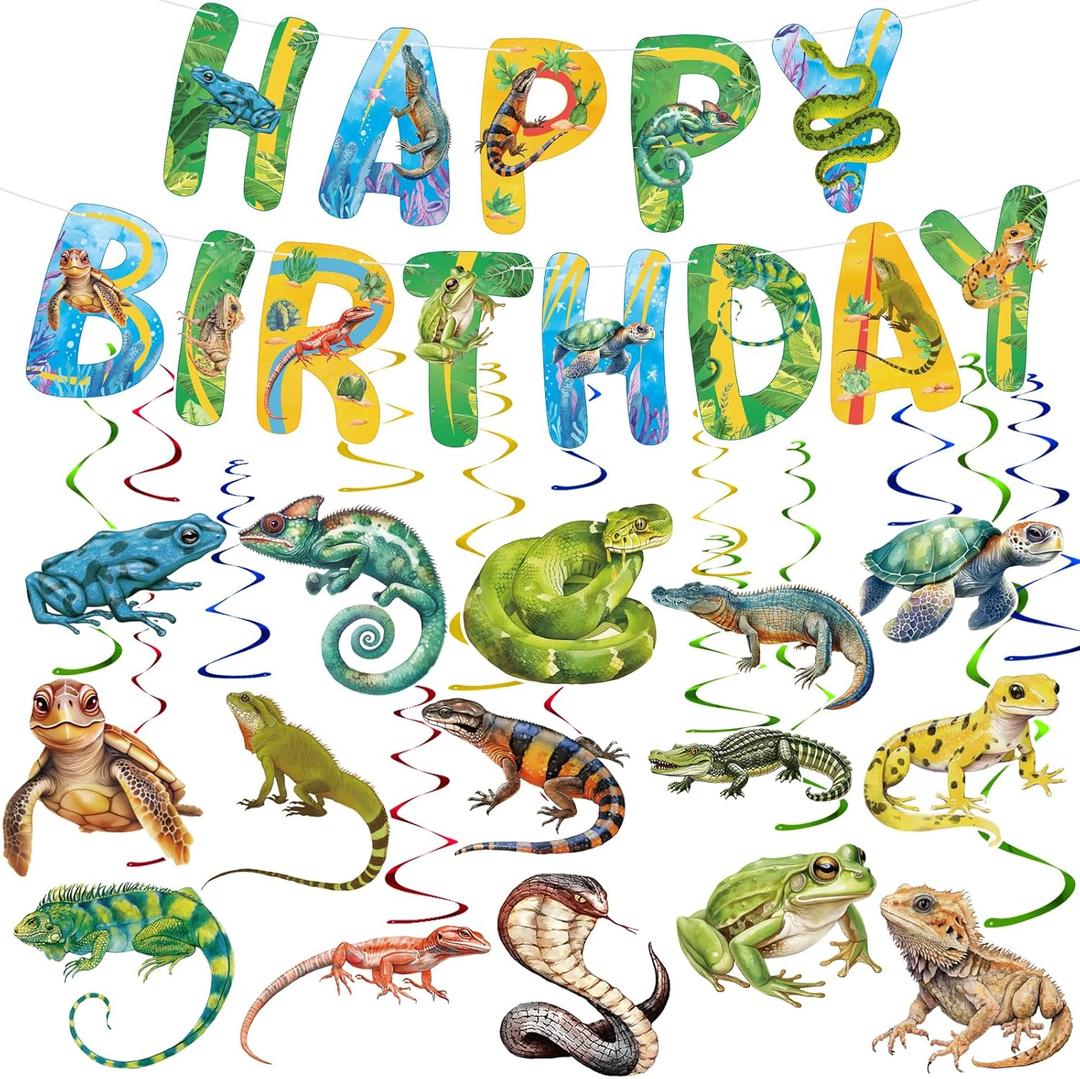 Hooqict Reptile Birthday Party Decorations Reptile Swamp Happy Birthday Banner and 15 Pcs Hanging Swirls Safari Animals Lizard Snake Alligator Turtle Party Favors Supplies