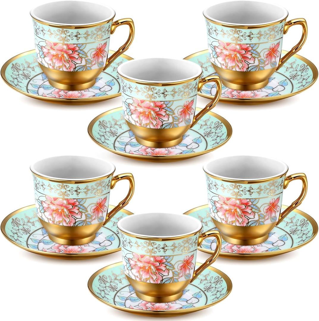 Vintage Floral Tea Cups and Saucers Set of 6 (3 Oz), Porcelain Tea Cup Sets Assorted Colors with Gift Box for Cappuccino, Macchiato, Birthday Party Supply (Green)