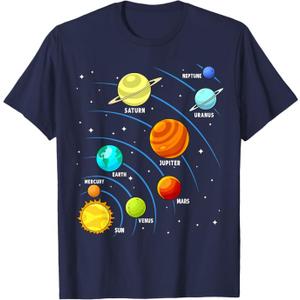 Kids Colorful Planets Solar Systems Mens Boys Space Science T-Shirt, Small