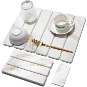 Small Stone Dish Drying Mat for Kitchen Counter, 15.7"12" & 8"x4" Quick Dry Stone Mats, Foldable Water Absorbing Diatomaceous Earth Drying Dish Pad for Countertop Bottles Utensils Cup(Gold White)