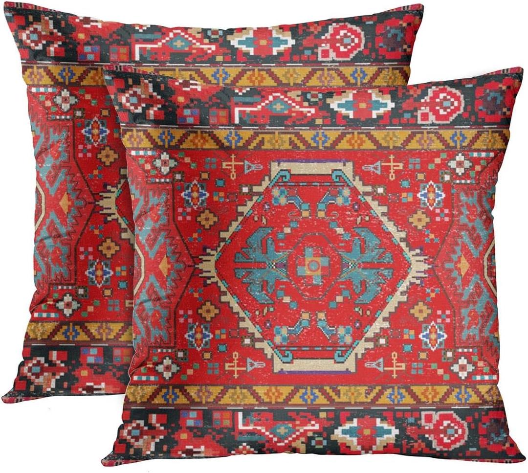 Britimes Throw Pillow Covers, Aztec Kilim Home Art Decor, 18 x 18 Inches Set of 2 Cushion Couch Sofa Cases, Abstract Oil Painting Pillowcases for Bedroom, Living Room, Ethnic Decorative, Red Tribal