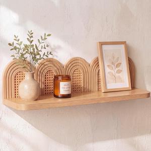Briwooody Boho Wall Shelf with Rattan Wicker Back Panel, Natural Wood Color