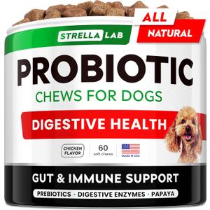 STRELLALAB Dog Probiotics for Digestive Health & Enzymes - Diarrhea, Gas, Upset Stomach Relief & Season Allergy - Pet Probiotics for Dogs- Chews for Digestion - Gut Health for Dogs (60Ct)